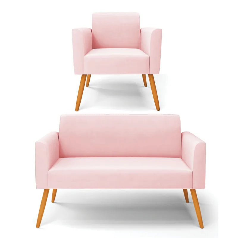 Sofá Namoradeira com Poltrona Pés Palito Castanho Marisa Suede D03 - D?Rossi Rosa Bebê