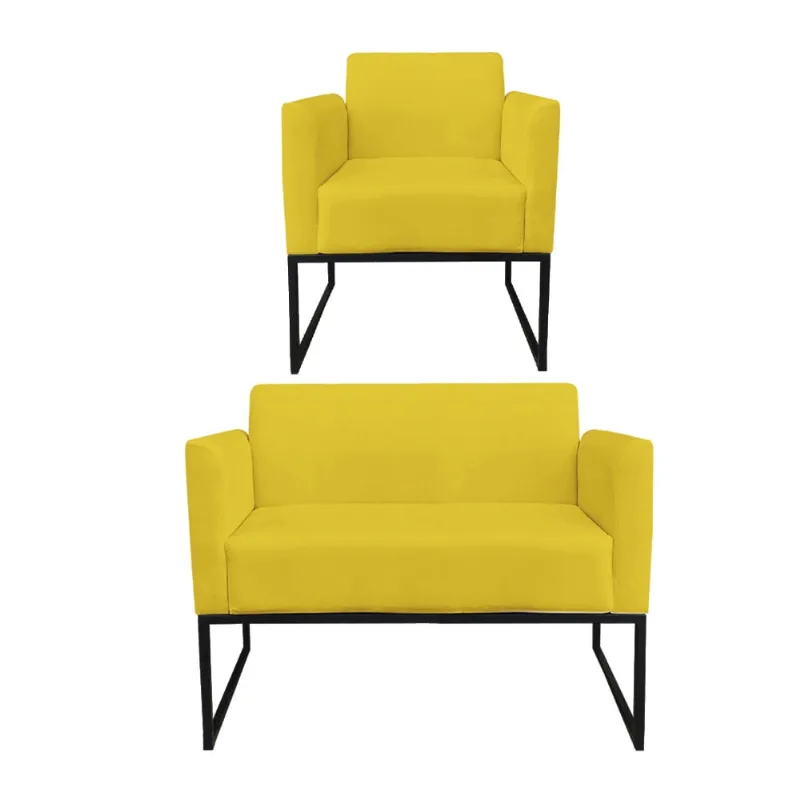 Sofá Namoradeira com Poltrona Base Industrial Preto Marisa Suede D03 - D?Rossi Amarelo