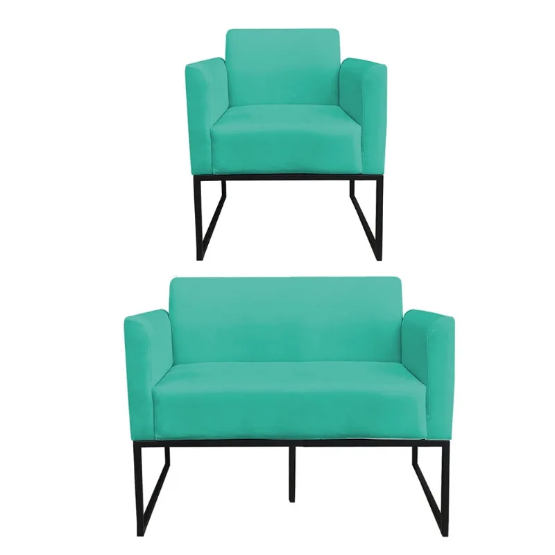 Sofá Namoradeira com Poltrona Base Industrial Preto Marisa Suede D03 - D?Rossi Verde Turquesa