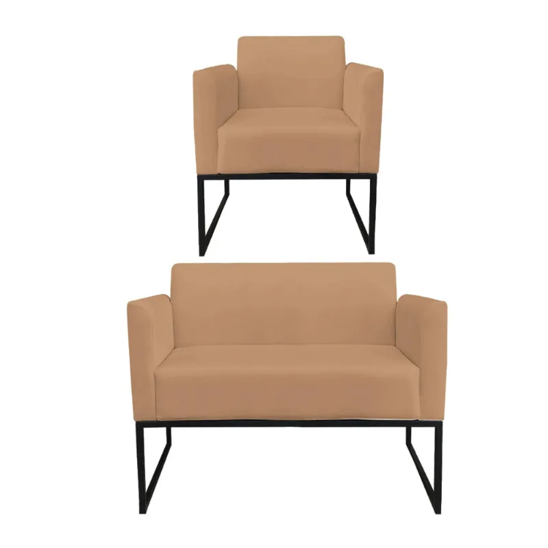 Sofá Namoradeira com Poltrona Base Industrial Preto Marisa Suede D03 - D?Rossi Caramelo Sisal