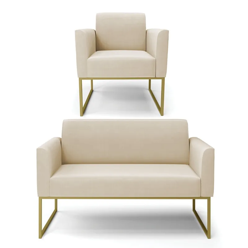 Sofá Namoradeira com Poltrona Base Industrial Dourado Marisa Suede D03 - D?Rossi Bege