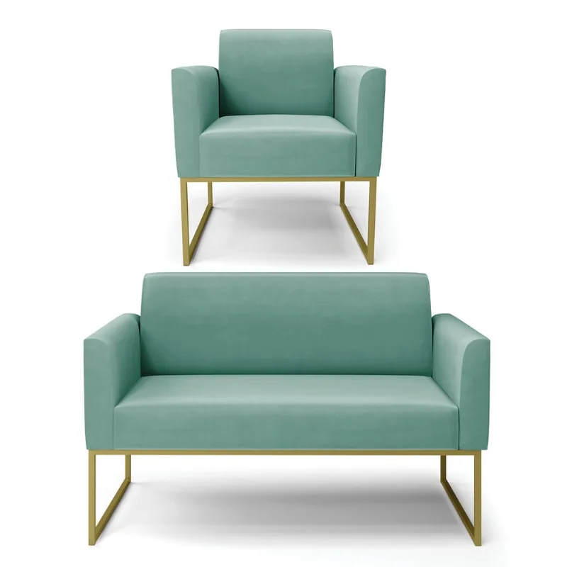 Sofá Namoradeira com Poltrona Base Industrial Dourado Marisa Suede D03 - D?Rossi Azul Turquesa