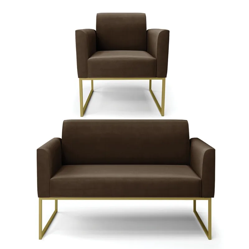 Sofá Namoradeira com Poltrona Base Industrial Dourado Marisa Suede D03 - D?Rossi Marrom