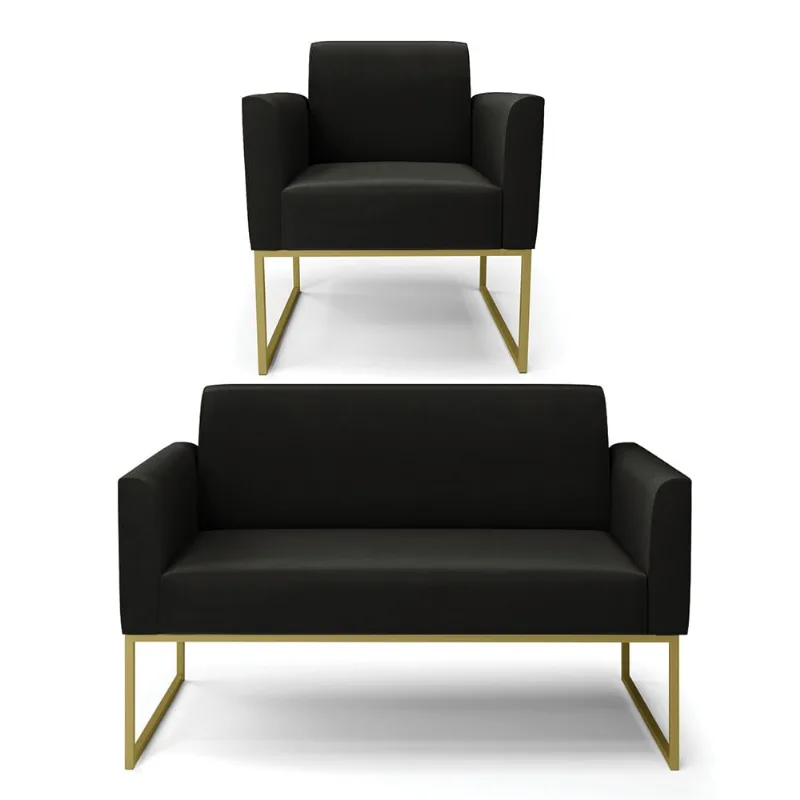 Sofá Namoradeira com Poltrona Base Industrial Dourado Marisa Suede D03 - D?Rossi Preto