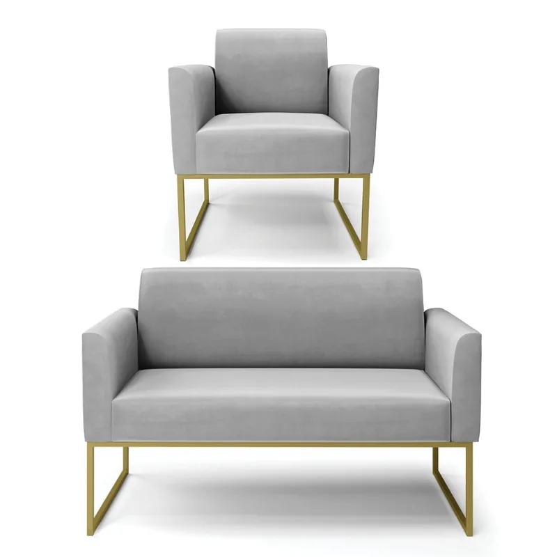 Sofá Namoradeira com Poltrona Base Industrial Dourado Marisa Suede D03 - D?Rossi Cinza