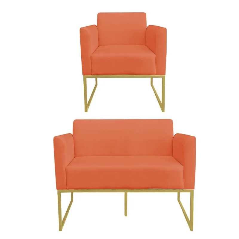 Sofá Namoradeira com Poltrona Base Industrial Dourado Marisa Suede D03 - D?Rossi Laranja