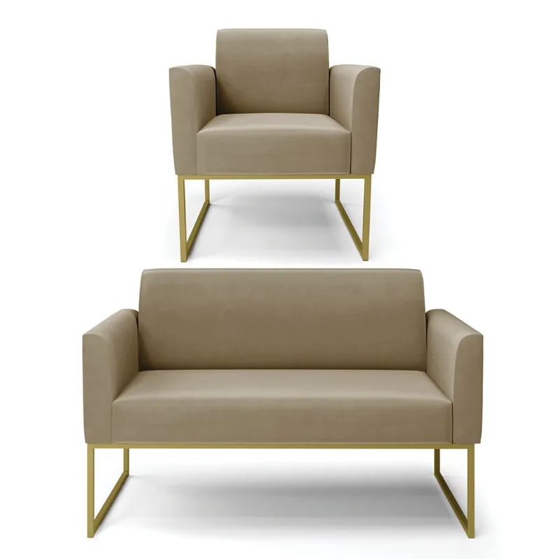 Sofá Namoradeira com Poltrona Base Industrial Dourado Marisa Suede D03 - D?Rossi Marrom Rato