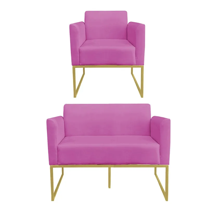 Sofá Namoradeira com Poltrona Base Industrial Dourado Marisa Suede D03 - D?Rossi Pink