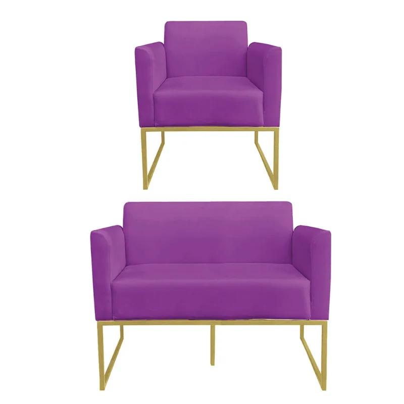 Sofá Namoradeira com Poltrona Base Industrial Dourado Marisa Suede D03 - D?Rossi Roxo