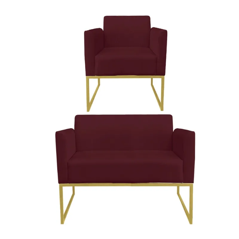 Sofá Namoradeira com Poltrona Base Industrial Dourado Marisa Suede D03 - D?Rossi Vinho