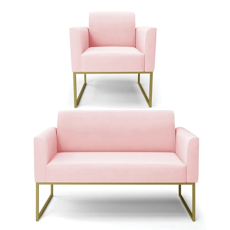 Sofá Namoradeira com Poltrona Base Industrial Dourado Marisa Suede D03 - D?Rossi Rosa Bebê
