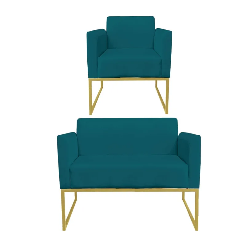 Sofá Namoradeira com Poltrona Base Industrial Dourado Marisa Suede D03 - D?Rossi Azul Pavão