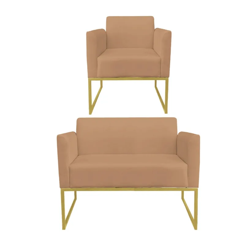 Sofá Namoradeira com Poltrona Base Industrial Dourado Marisa Suede D03 - D?Rossi Caramelo Sisal