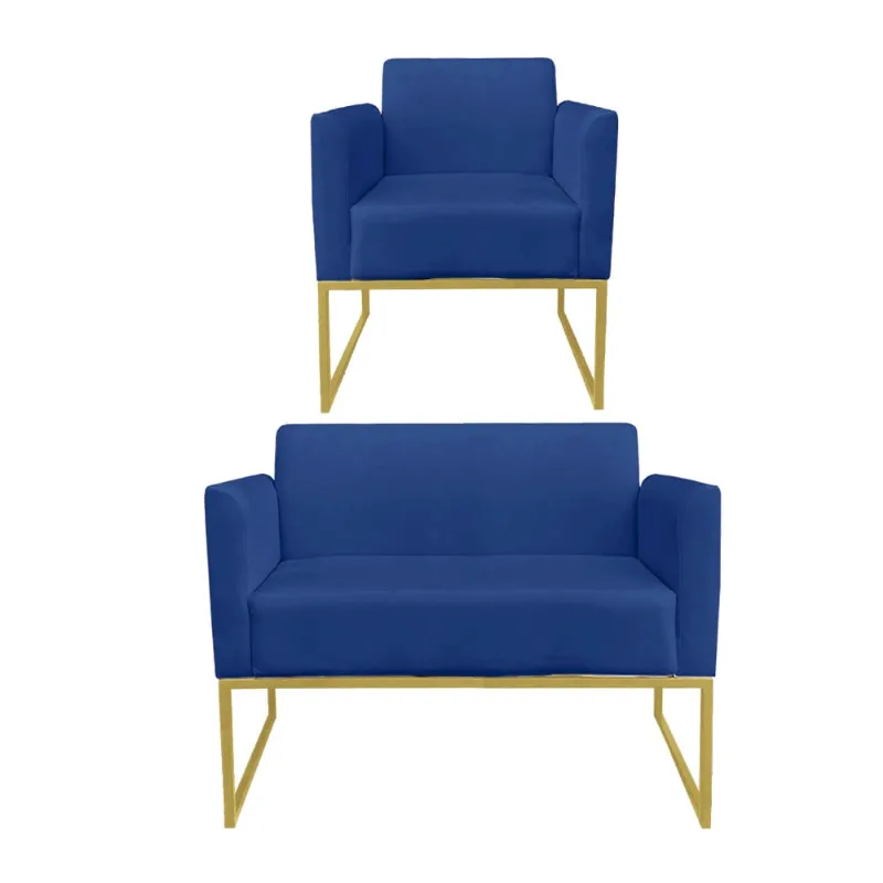 Sofá Namoradeira com Poltrona Base Industrial Dourado Marisa Suede D03 - D?Rossi Azul Royal