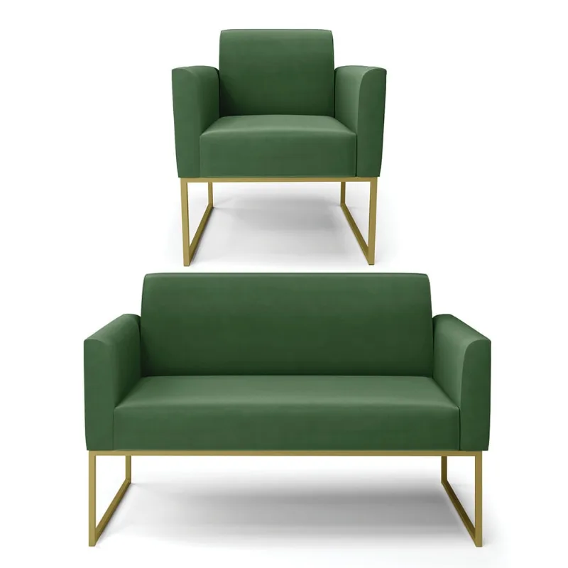 Sofá Namoradeira com Poltrona Base Industrial Dourado Marisa Suede D03 - D?Rossi Verde