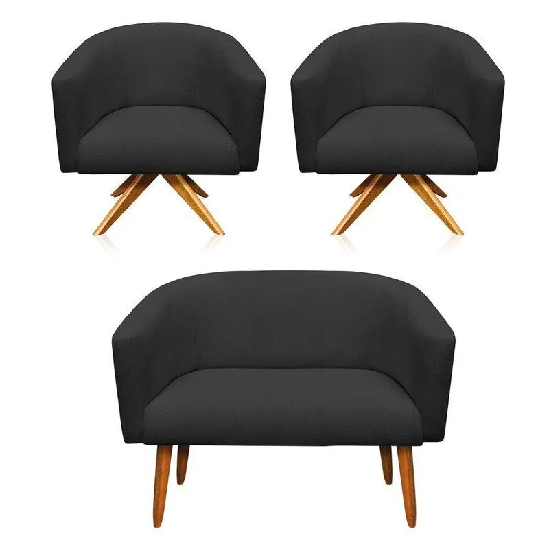 Kit 1 Namoradeira 2L e 2 Poltronas Giratória Linho Preto