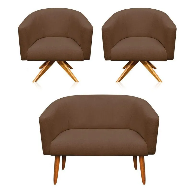 Kit 1 Namoradeira 2L e 2 Poltronas Giratória Linho Selenite
