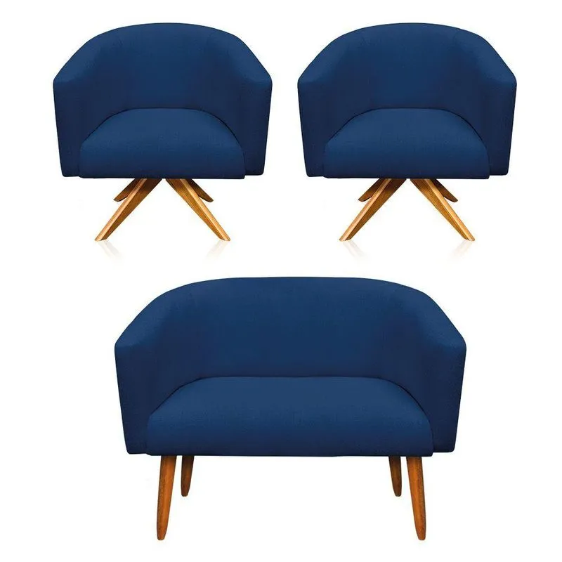 Kit 1 Namoradeira 2L e 2 Poltronas Giratória Azul Turquesa