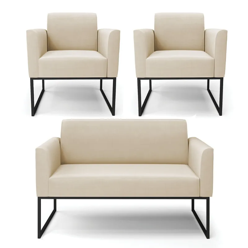 Sofá Namoradeira com 2 Poltronas Base Industrial Preto Marisa Suede Azul Royal