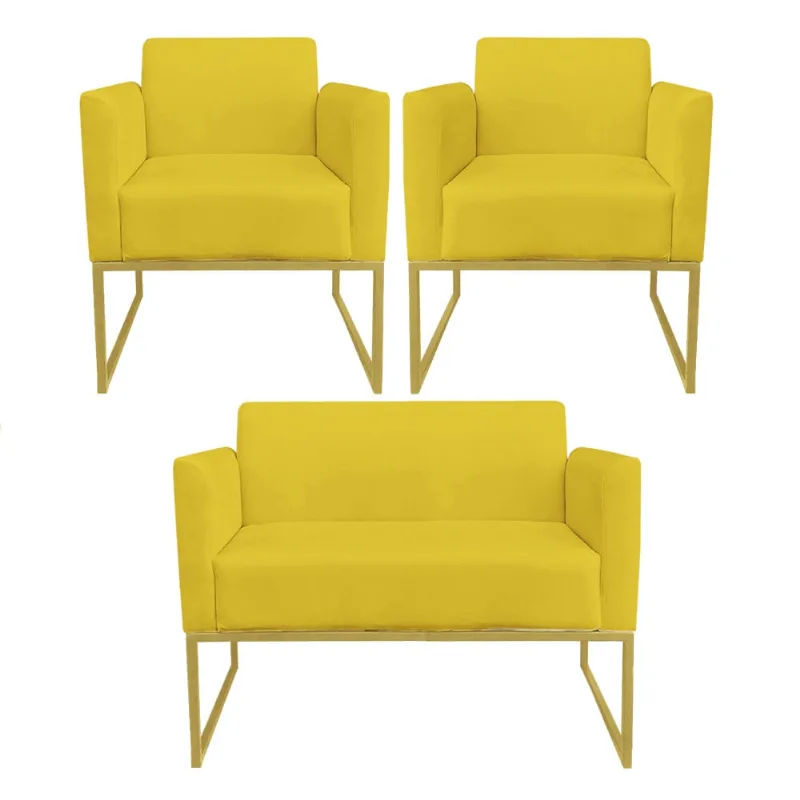 Sofá Namoradeira com 2 Poltronas Base Industrial Dourado Marisa Suede D03 - D?Rossi Amarelo