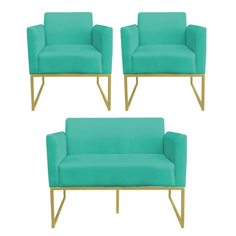 Sofá Namoradeira com 2 Poltronas Base Industrial Dourado Marisa Suede D03 - D?Rossi Verde Turquesa