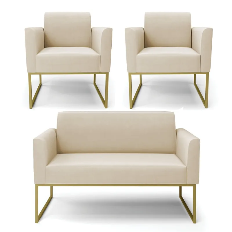 Sofá Namoradeira com 2 Poltronas Base Industrial Dourado Marisa Suede D03 - D?Rossi Bege