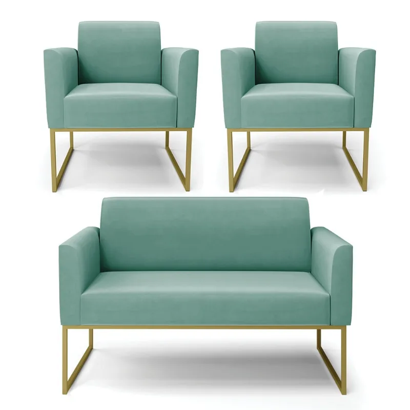 Sofá Namoradeira com 2 Poltronas Base Industrial Dourado Marisa Suede D03 - D?Rossi Azul Turquesa