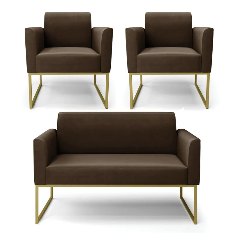 Sofá Namoradeira com 2 Poltronas Base Industrial Dourado Marisa Suede D03 - D?Rossi Marrom