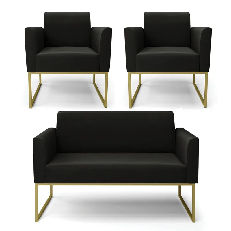 Sofá Namoradeira com 2 Poltronas Base Industrial Dourado Marisa Suede D03 - D?Rossi Preto