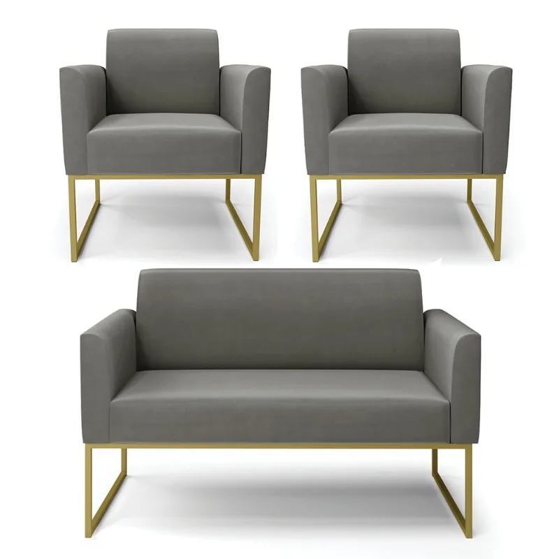 Sofá Namoradeira com 2 Poltronas Base Industrial Dourado Marisa Suede D03 - D?Rossi Grafite