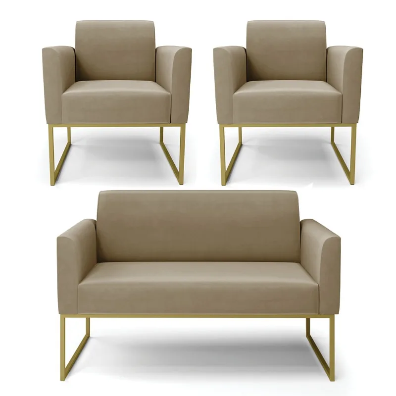 Sofá Namoradeira com 2 Poltronas Base Industrial Dourado Marisa Suede D03 - D?Rossi Marrom Rato