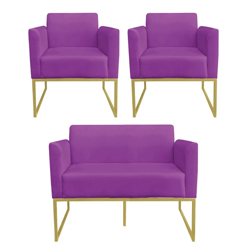 Sofá Namoradeira com 2 Poltronas Base Industrial Dourado Marisa Suede D03 - D?Rossi Roxo