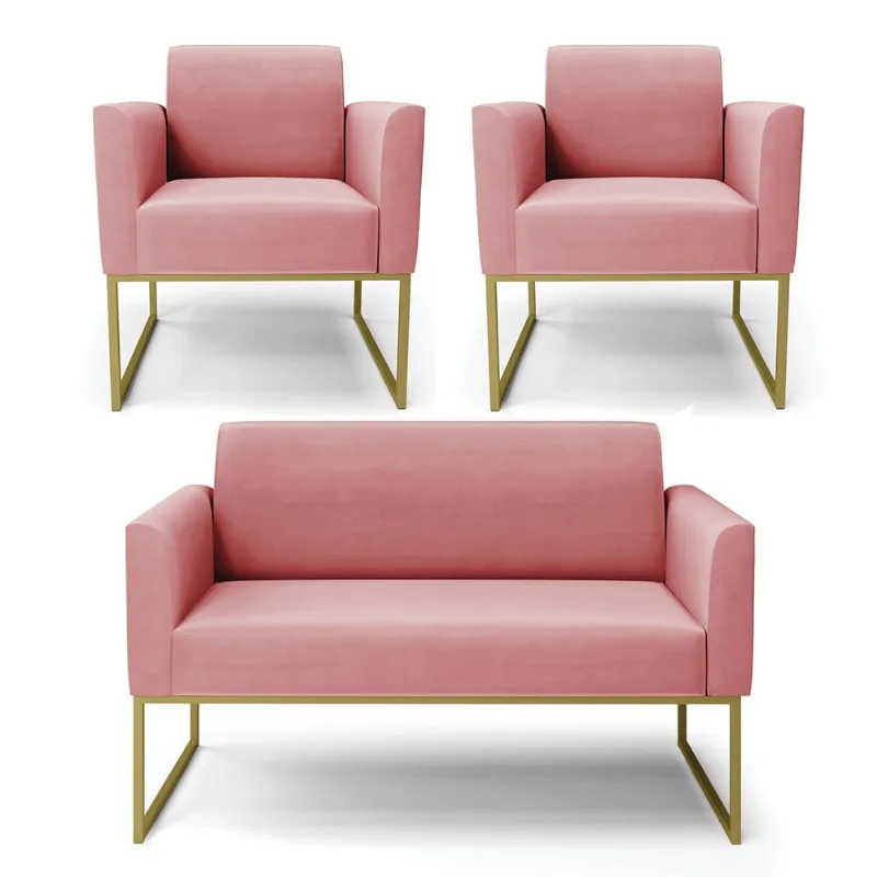 Sofá Namoradeira com 2 Poltronas Base Industrial Dourado Marisa Suede D03 - D?Rossi Rose