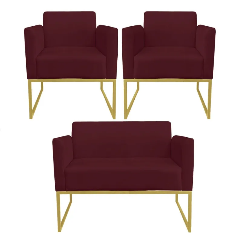 Sofá Namoradeira com 2 Poltronas Base Industrial Dourado Marisa Suede D03 - D?Rossi Vinho