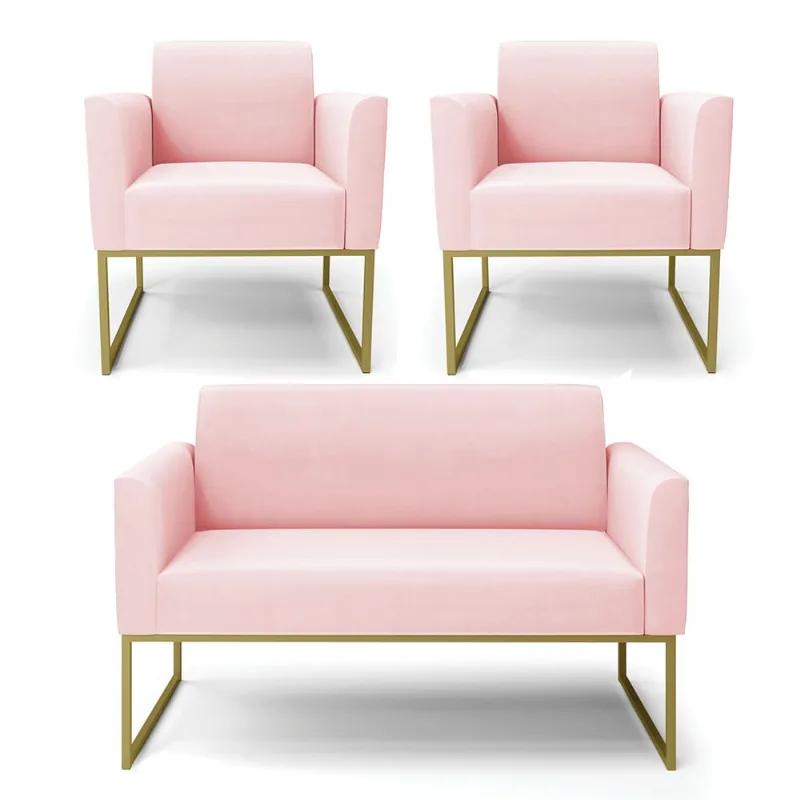 Sofá Namoradeira com 2 Poltronas Base Industrial Dourado Marisa Suede D03 - D?Rossi Rosa Bebê