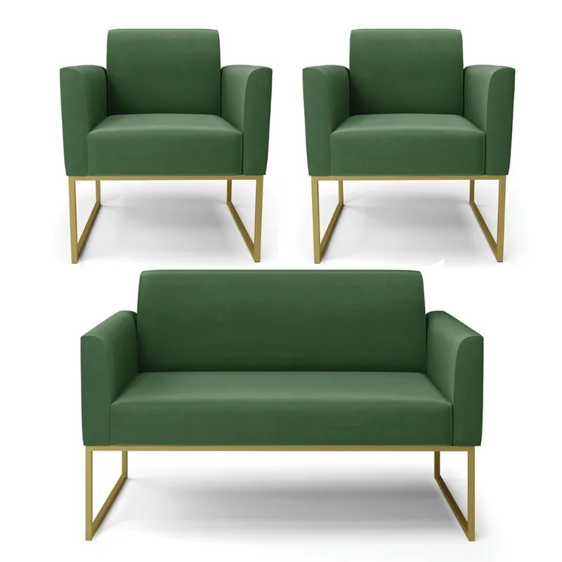 Sofá Namoradeira com 2 Poltronas Base Industrial Dourado Marisa Suede D03 - D?Rossi Verde
