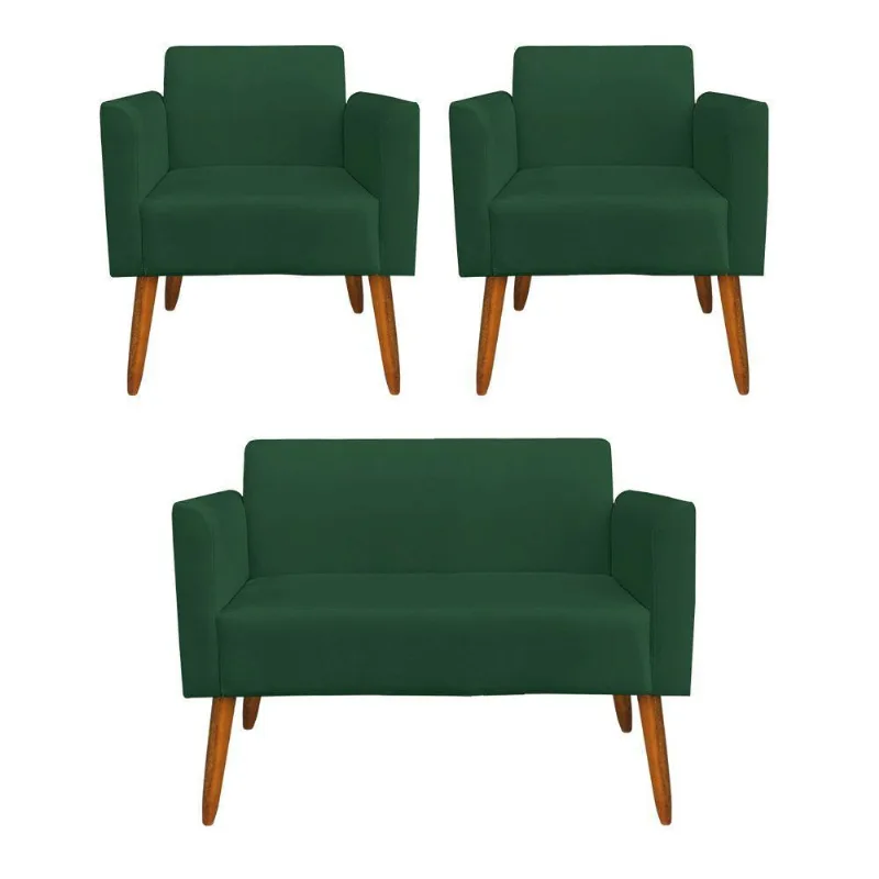 Kit 1 Namoradeira e 2 Poltronas Marisa Suede Castanho verde