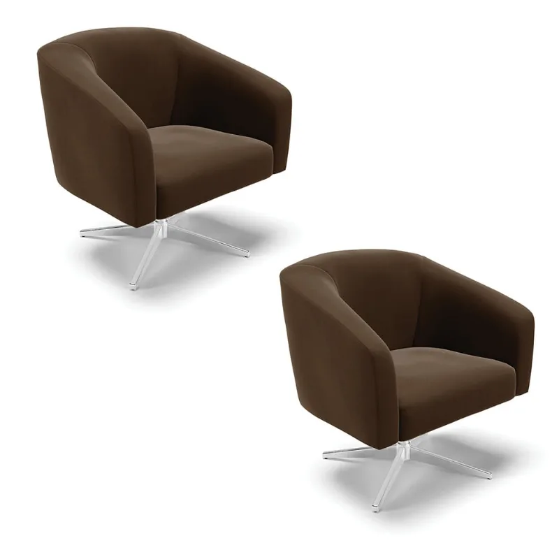 Poltrona Decorativa Giratória Cromada Kit 2 Stella Suede Marrom D03 - D'Rossi