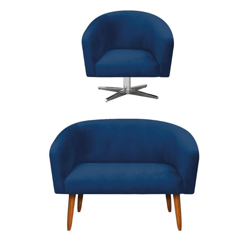 Kit 1 Namoradeira 2L e 1 Poltrona Giratória Suede Azul