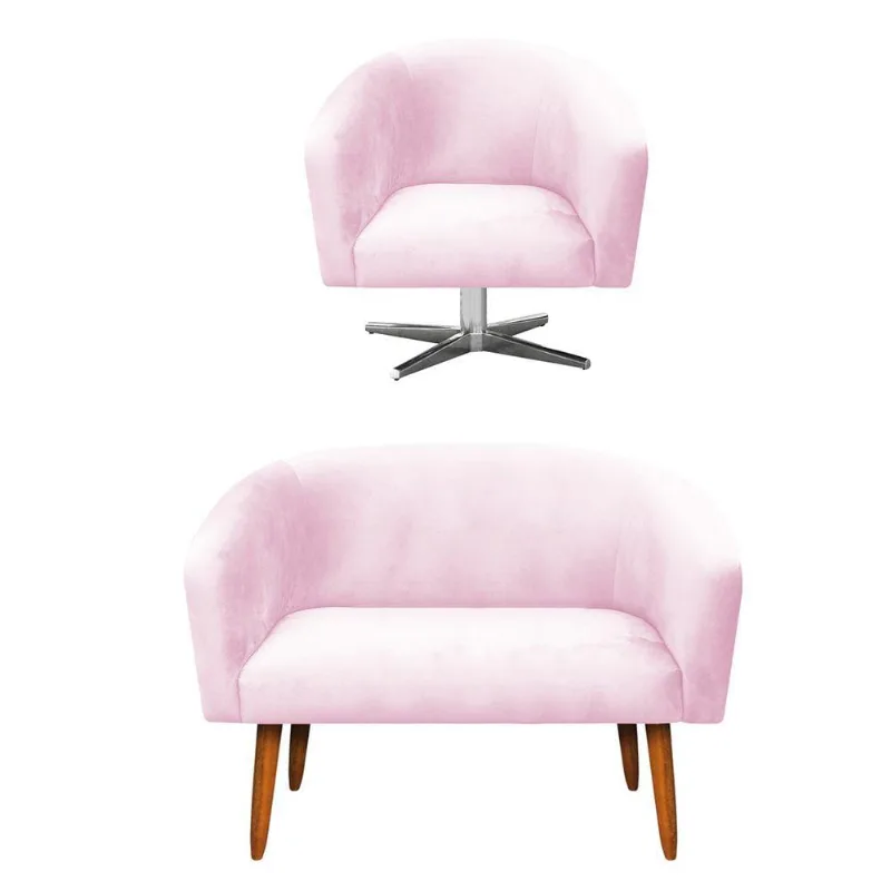 Kit 1 Namoradeira 2L e 1 Poltrona Giratória Suede Rosa Bebê