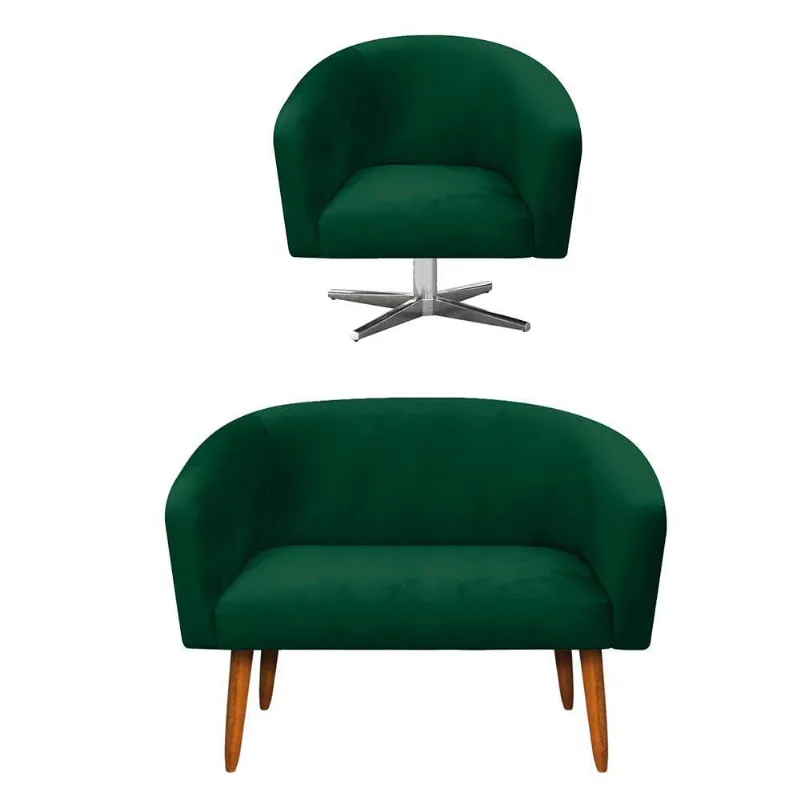 Kit 1 Namoradeira 2L e 1 Poltrona Giratória Suede Verde