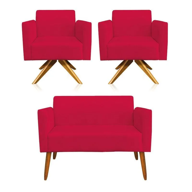 Kit 1 Namoradeira e 2 Poltronas Suede Madeira Vermelho
