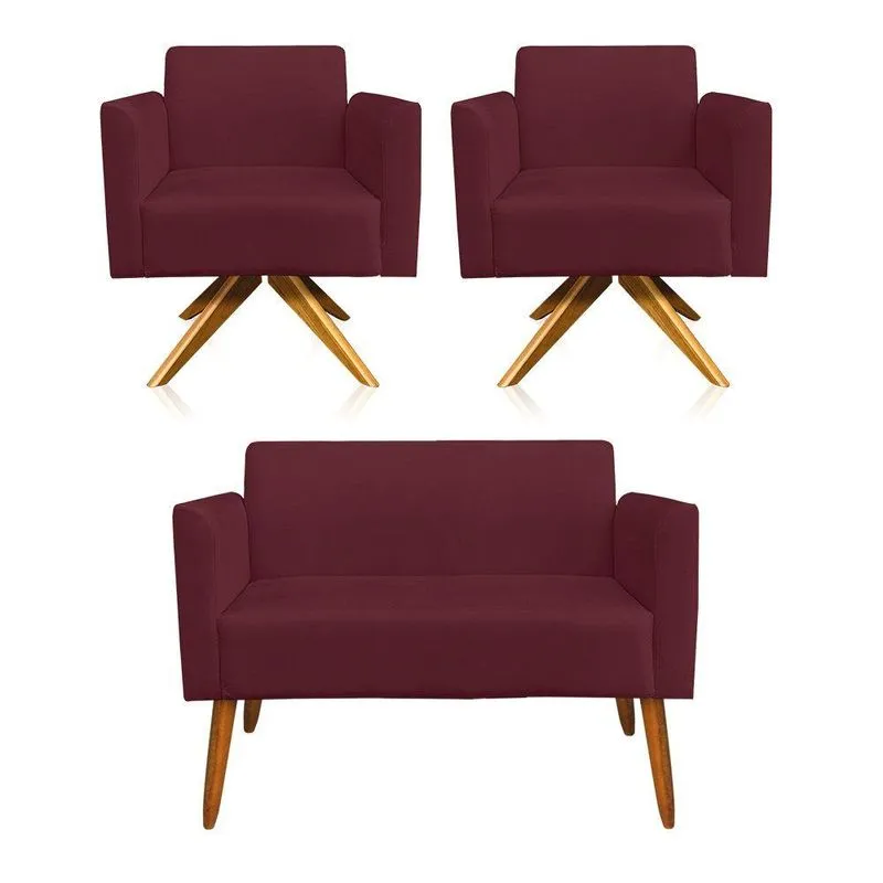 Kit 1 Namoradeira e 2 Poltronas Suede Madeira Vinho