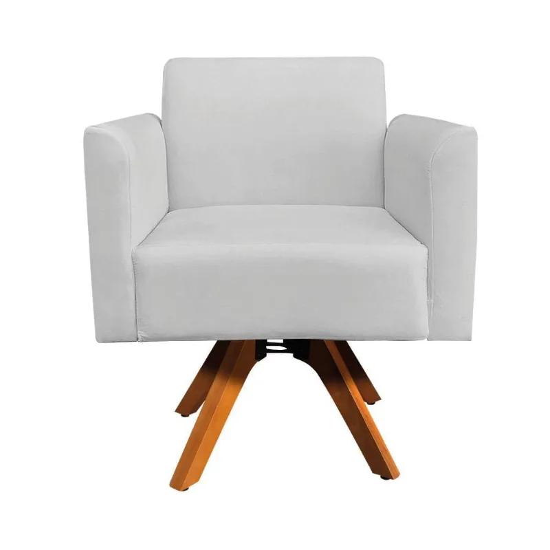 Poltrona Giratória Marisa Suede Cinza Base Madeira