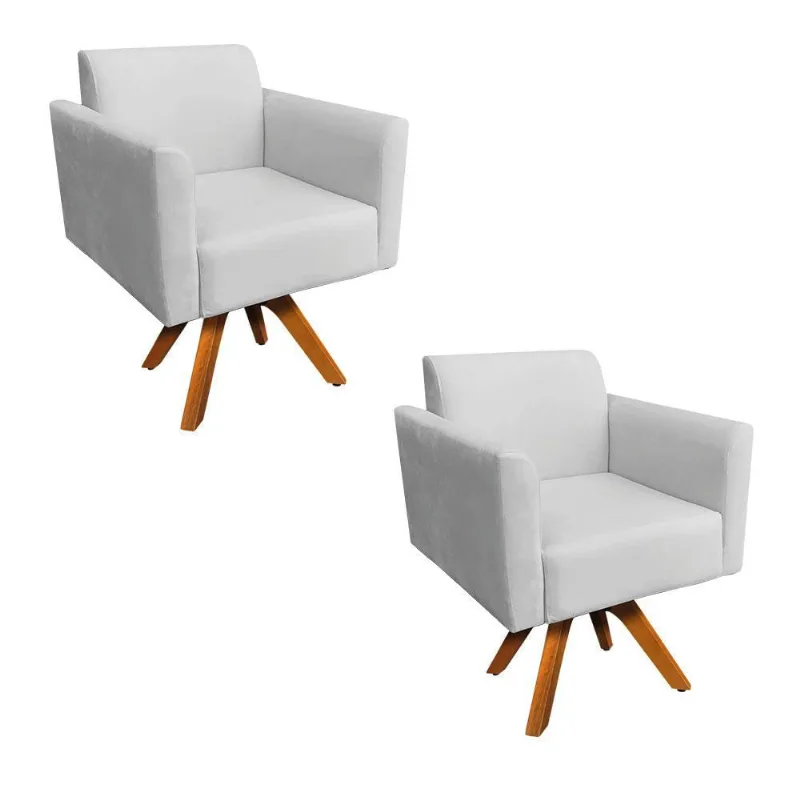 Kit 02 Poltronas Giratória Marisa Suede Cinza Base Madeira
