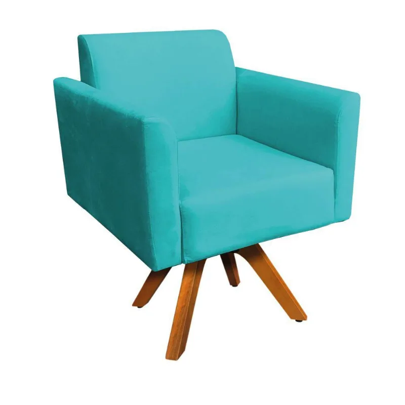 Poltrona Marisa Suede Base Madeira Azul Turquesa
