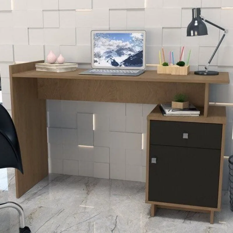 Escrivaninha Mesa Escritório Lisboa 1 Gaveta 1 Porta 122cm Mel e Preto Marrom Mel/Preto