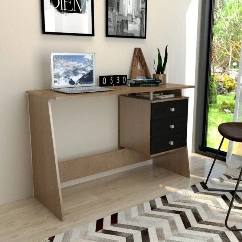 Escrivaninha Mesa Escritório Maceió 3 Gavetas 120cm Mel e Preto Marrom Mel/Preto