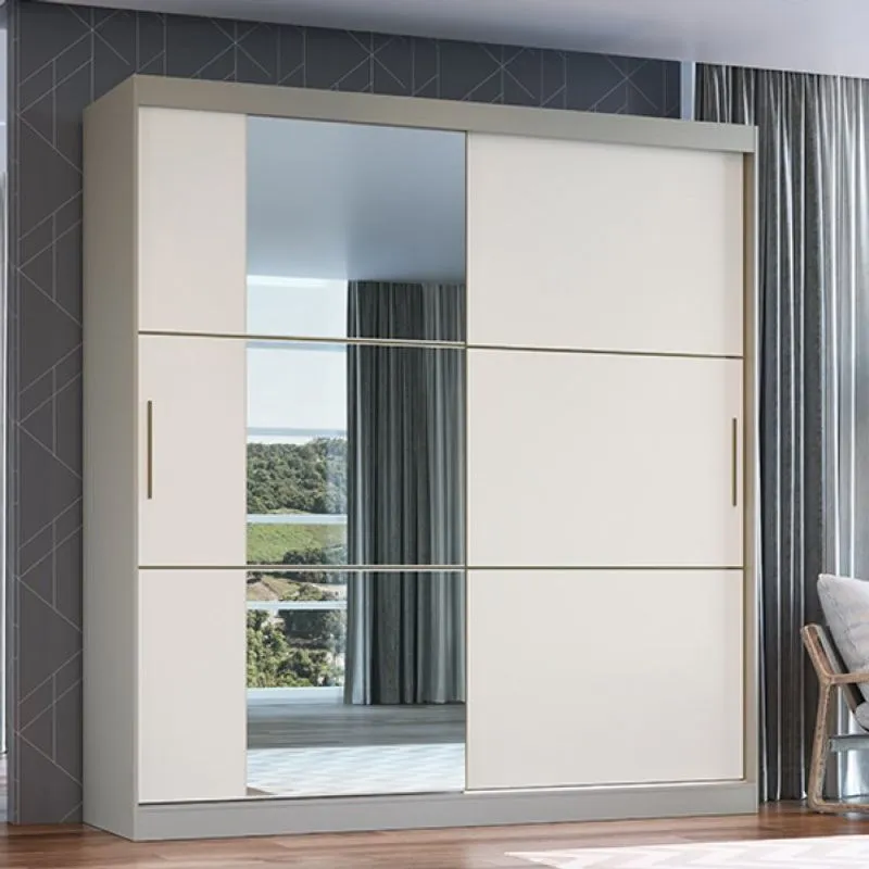 Guarda Roupa Casal com Espelho 2 Portas de Correr Flex Color Platinum Móveis Castro Nacar/Off Whitte