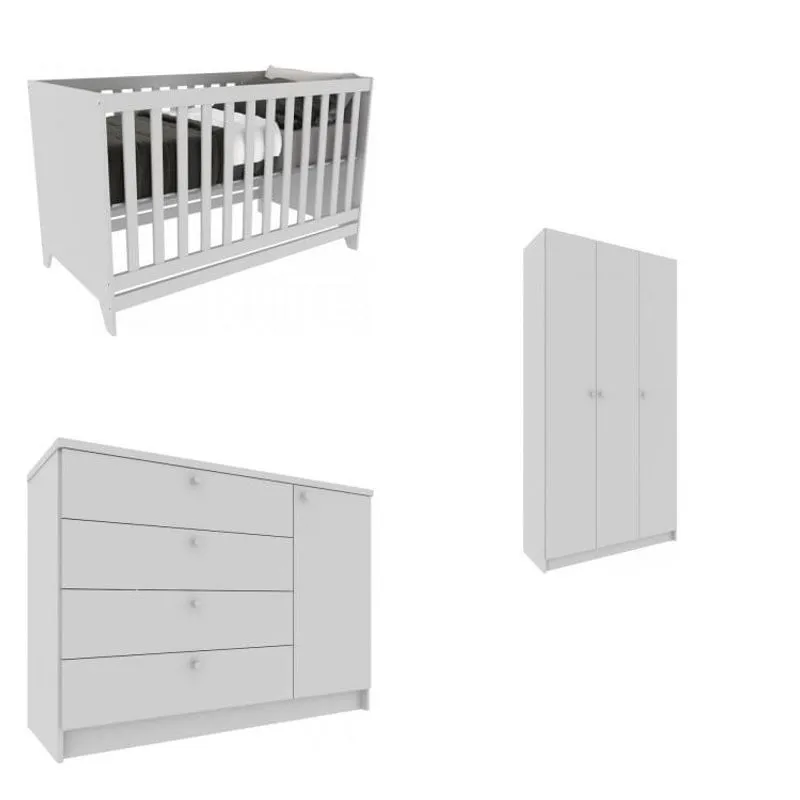Quarto Bebê 3 Peças Guarda Roupa Cômoda e Berço Mini Cama Montanha Divicar Móveis Branco Acetinado